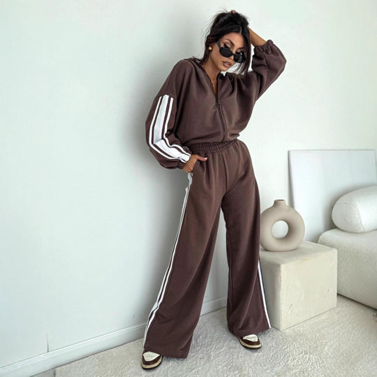Damen cropped Zip-Hoodie mit voluminösen Ballonärmeln und High-Waist Relaxhose im sportlichen Seitenstreifen-Design Nord Taschen
