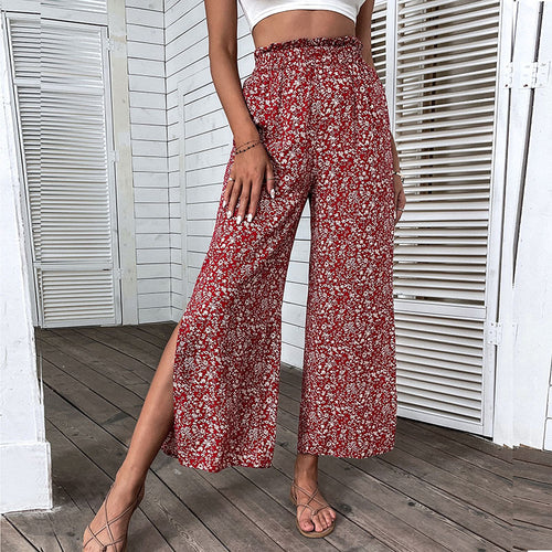 Damen Weite hochgeschnittene Palazzo‑Hose mit floralem Muster und seitlichem Beinschlitz Nord Taschen