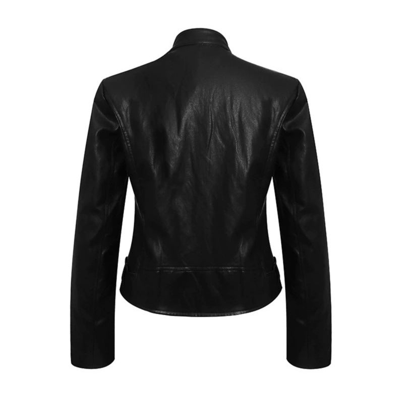 Damen Taillierte Lederoptik-Jacke mit Stehkragen, Schulterklappen und Taillengürtel Nord Taschen