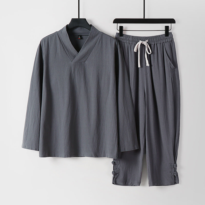 Herren Lockeres Loungewear-Set mit V-Notch-Stehkragen und Kordelzug-Hose Nord Taschen