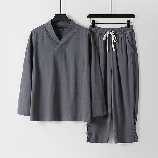 Herren Lockeres Loungewear-Set mit V-Notch-Stehkragen und Kordelzug-Hose Nord Taschen