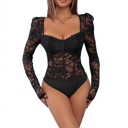 Damen Figurformender Spitzen-Bustierbody mit Korsettnähten und langen Transparenteärmeln Nord Taschen