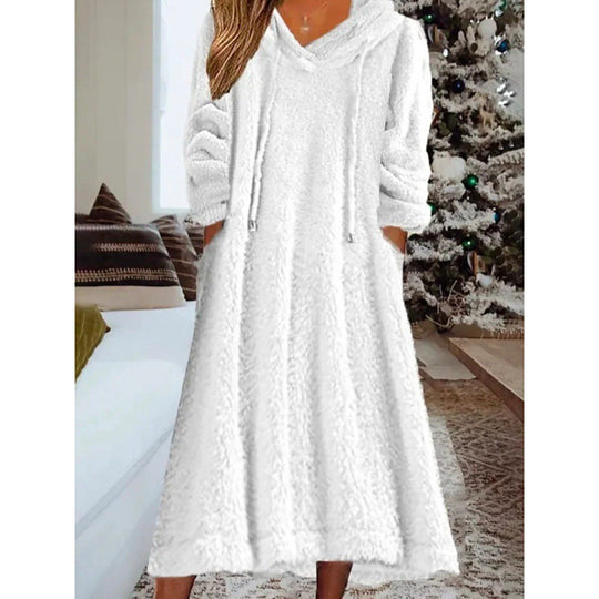 Damen Maxikleid aus Teddy-Fleece mit Kapuze, V-Ausschnitt und Eingrifftaschen Nord Taschen
