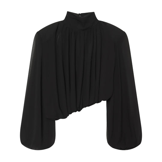Damen Elegante Cropped Bluse mit hohem Stehkragen, Plissée-Falten und Ballonärmeln Nord Taschen