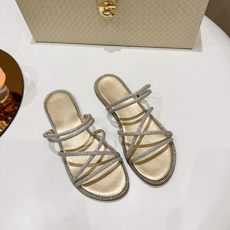 Damen Glamouröse Slide-Sandalen mit funkelnden Riemen und komfortablem Fußbett