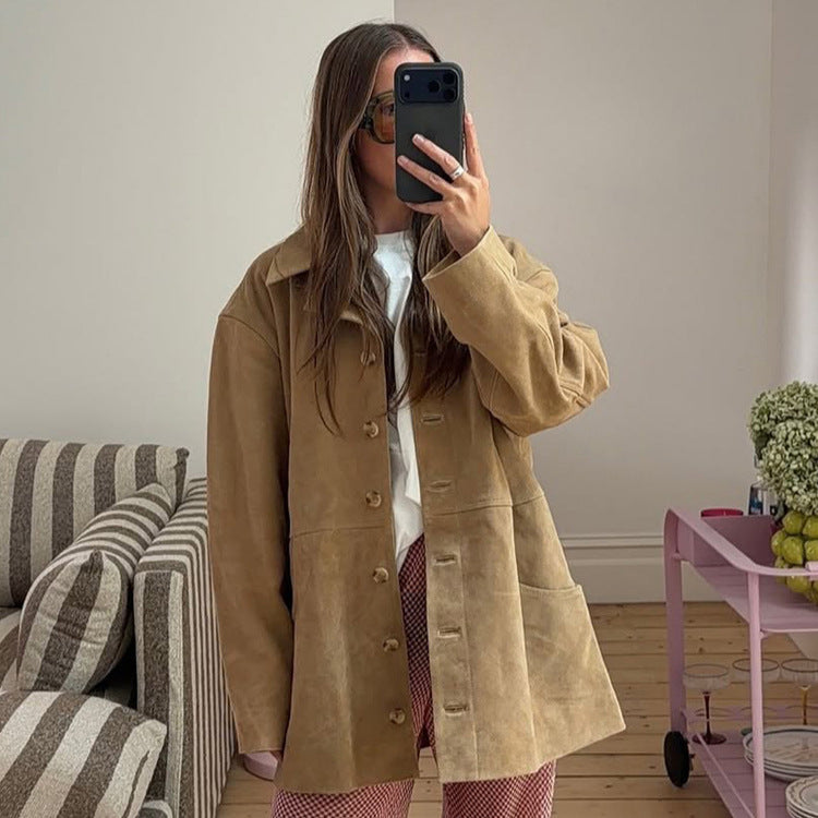 Damen Kurzmantel aus Veloursleder‑Optik mit kastiger Silhouette, Hornknopf‑Front & Eingrifftaschen Nord Taschen