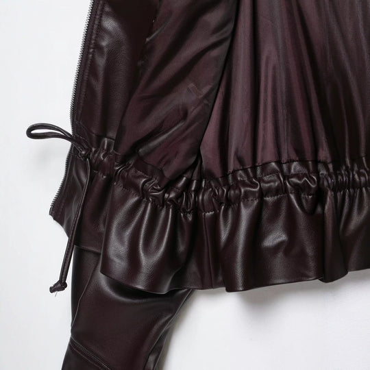 Damen Oversize Kunstleder-Bomberjacke mit Funnelkragen, Tunnelzug-Taille und Pattentaschen Nord Taschen