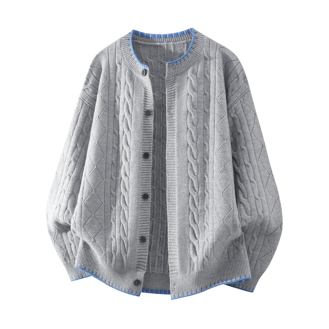 Damen Oversize Zopfmuster-Cardigan mit Rundhalsausschnitt, Ballonärmeln & Kontrastnaht Nord Taschen