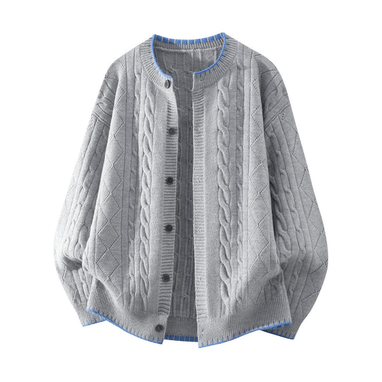Damen Oversize Zopfmuster-Cardigan mit Rundhalsausschnitt, Ballonärmeln & Kontrastnaht Nord Taschen