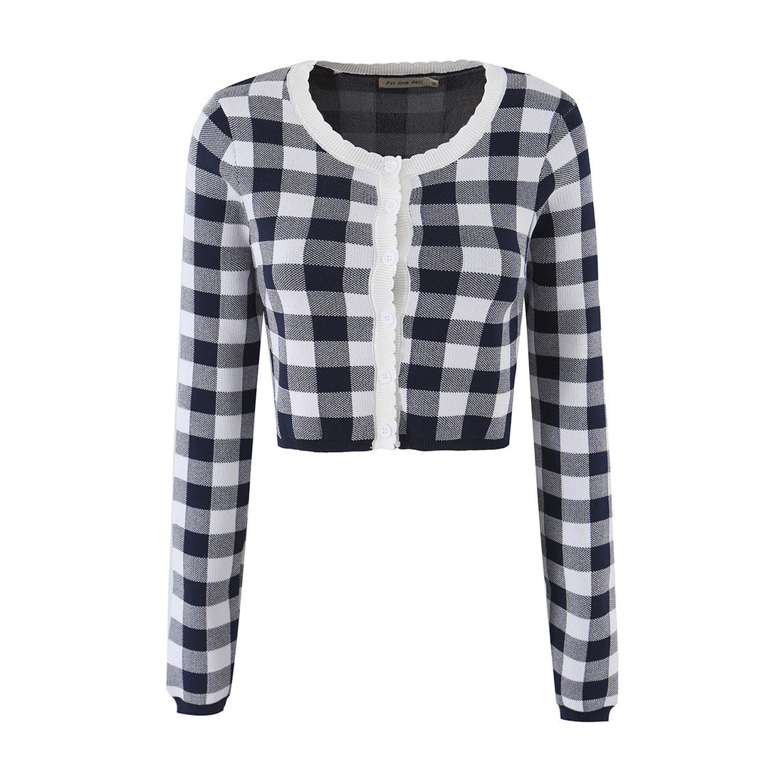 Damen Kurze karierte Feinstrick-Cardigan mit Wellenkante und Perlmuttknöpfen Nord Taschen