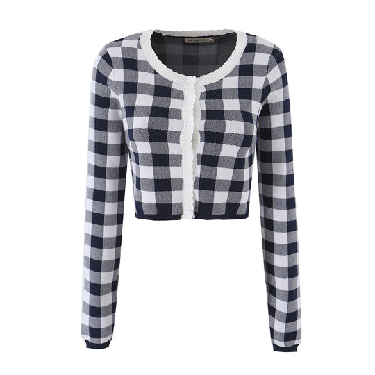 Damen Kurze karierte Feinstrick-Cardigan mit Wellenkante und Perlmuttknöpfen Nord Taschen