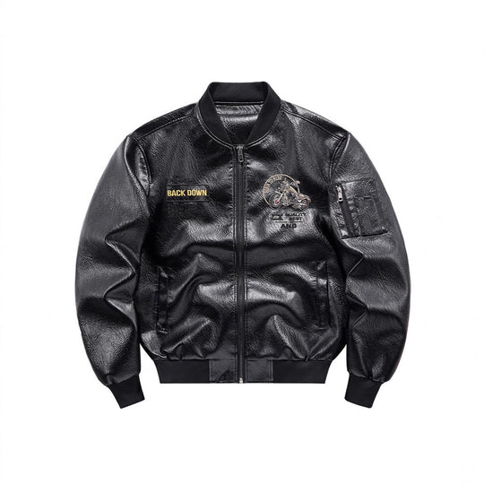 Herren Kunstleder‑Bomberjacke mit wärmender Fleece‑Innenfütterung, Motorrad‑Stickerei und Ärmeltasche Nord Taschen