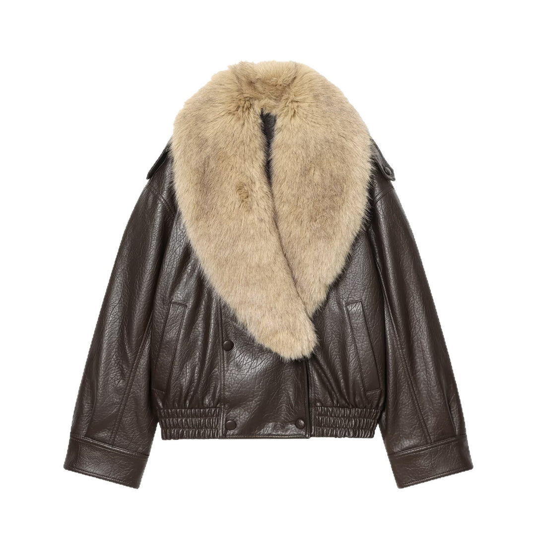 Damen Kurz geschnittene Fliegerjacke aus Lederoptik mit voluminösem Kunstfellkragen Nord Taschen