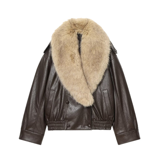 Damen Kurz geschnittene Fliegerjacke aus Lederoptik mit voluminösem Kunstfellkragen Nord Taschen