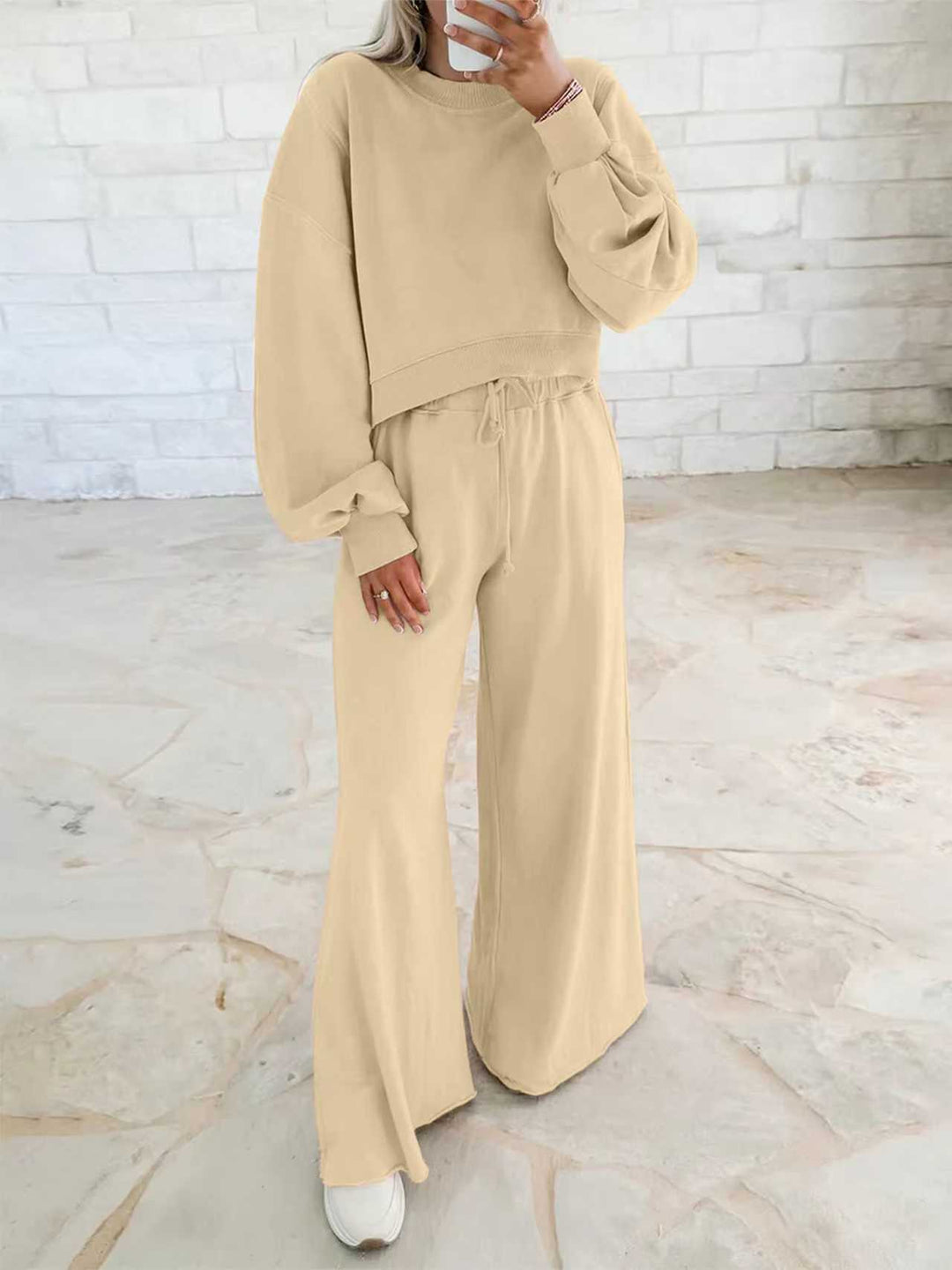 Damen Kurzpullover- und Palazzohose Lounge-Set mit Ballonärmeln Nord Taschen