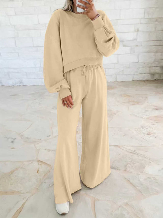Damen Kurzpullover- und Palazzohose Lounge-Set mit Ballonärmeln Nord Taschen