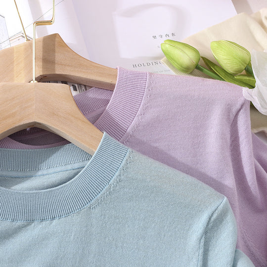Damen Leichtes Kurzarm-Stricktop aus feinem Jersey mit Rundhals und Saumblende Nord Taschen