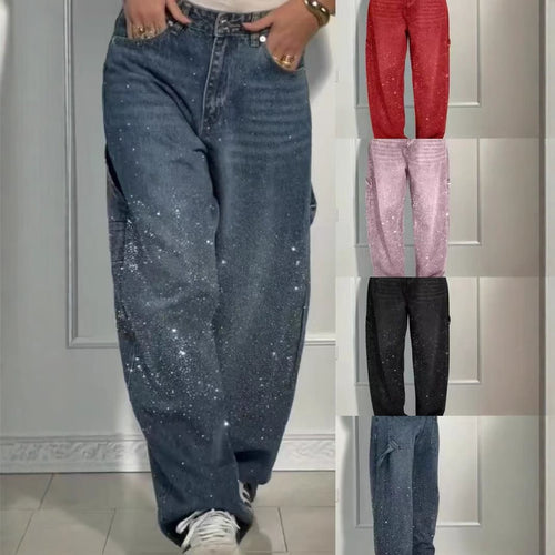 Damen High-Waist Jeans im weiten Cargo-Schnitt mit funkelndem Strassbesatz Nord Taschen