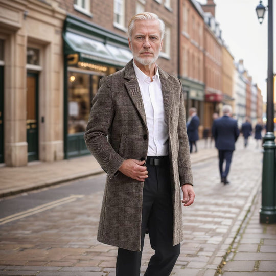 Herren Wollblendmantel im Glencheck mit schlanker langer Silhouette Nord Taschen