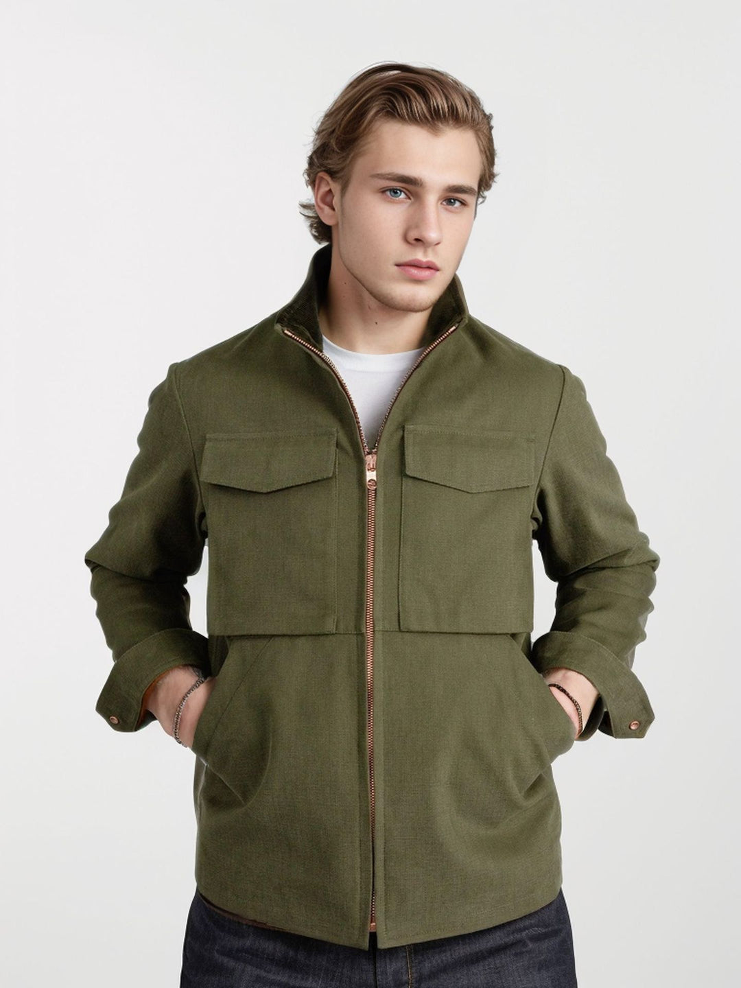 Herren Kurze Denim-Fieldjacke mit Stehkragen, Reißverschluss und aufgesetzten Brusttaschen Nord Taschen