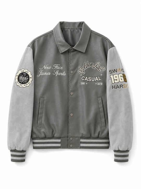 Herren Varsity-Bomberjacke im College-Stil mit Kunstleder-Körper, Veloursleder-Optikärmeln und bestickten Patches Nord Taschen