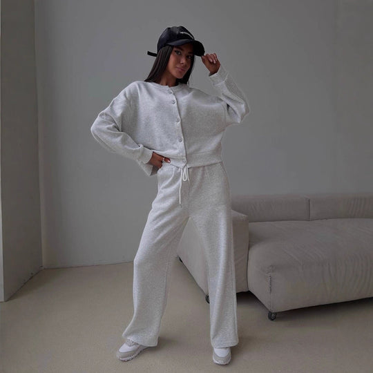 Damen geknöpftes Cropped-Lounge-Set mit Oversize-Cardigan und hochtaillierter Wide-Leg Jogginghose Nord Taschen