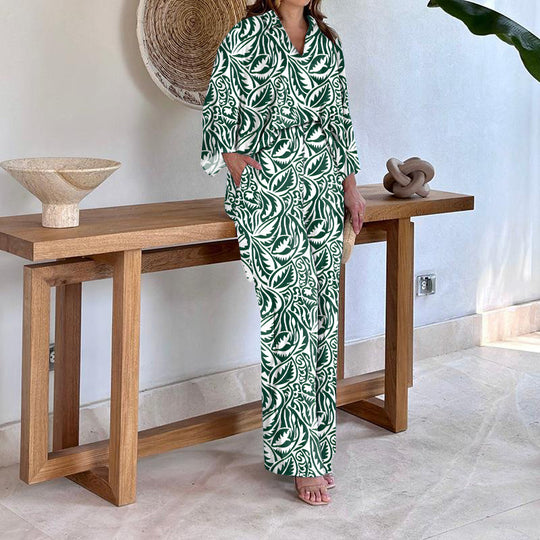 Damen Gemustertes Kimono-Lounge-Set mit weitem Palazzohose aus leichtem Viskose-Mix Nord Taschen