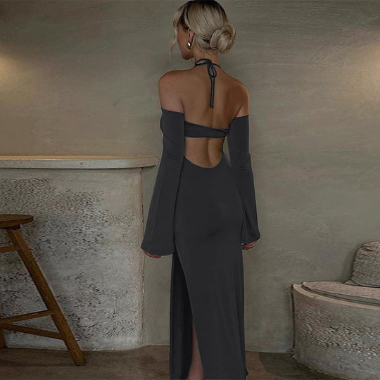 Damen langes Abendkleid mit Neckholder und schulterfreiem Bell-Ärmel, figurbetonter Taillenraffung und hohem seitlichem Beinschlitz Nord Taschen