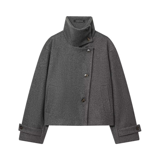 Damen Kurze Boxy-Wollmix-Jacke mit Stehkragen und aufgesetzten Pattentaschen Nord Taschen