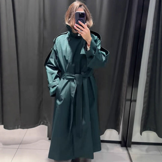 Damen Langer wasserabweisender Trenchcoat mit Taillengürtel und hohem Stehkragen Nord Taschen