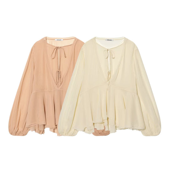 Damen Luftige Chiffon-Bluse mit tiefem V‑Ausschnitt, Bindebändern, Volantstufen und Ballonärmeln Nord Taschen
