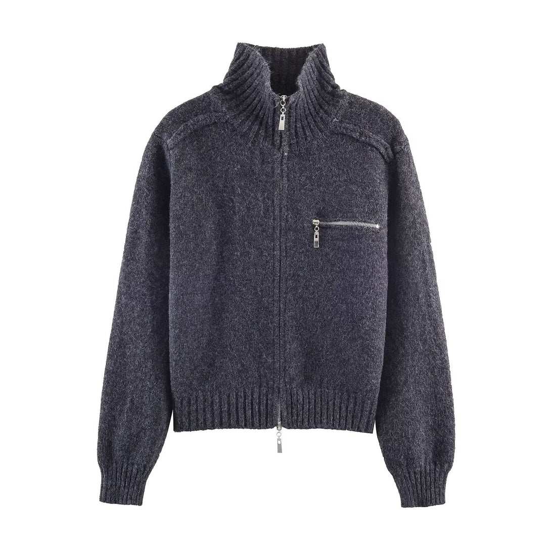 Damen Grobgestrickte Reißverschluss‑Strickjacke mit hohem Rippkragen und Brusttasche Nord Taschen