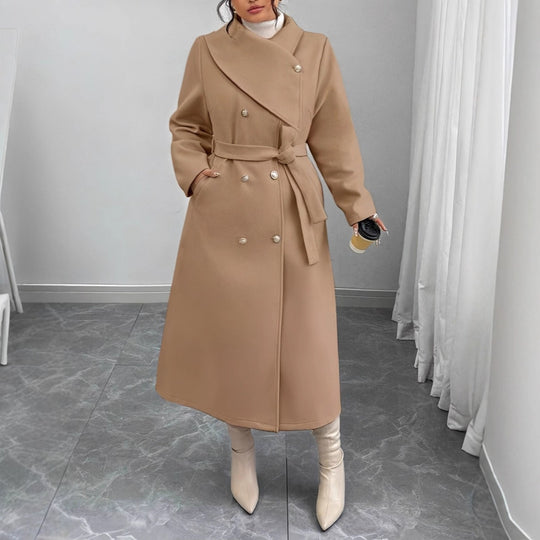 Damen Doppelreihiger Wollmix-Mantel mit weitem Schalkragen und Bindegürtel Nord Taschen