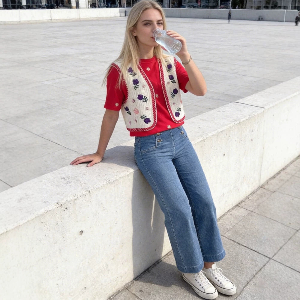 Damen Bestickte Kurz-Weste im Boho‑Chic mit floralen Applikationen Nord Taschen