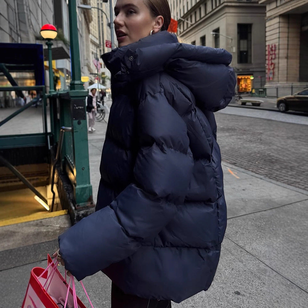 Damen Oversize Stepp-Pufferjacke mit abnehmbarer Kapuze und Zwei-Wege-Reißverschluss Nord Taschen