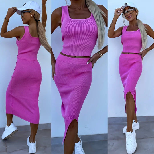Damen Gemütliches Strick-Set mit schulterfreier Bluse und langer, schmaler Rock Nord Taschen