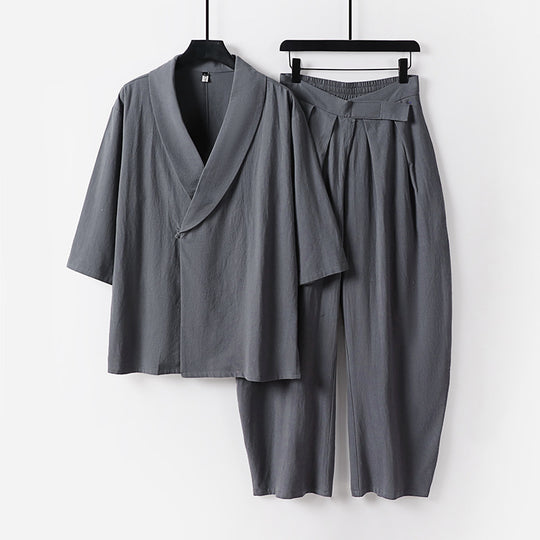 Damen Zweiteiliges Kimono-Loungewear-Set mit Schalkragen Kurzarm-Oberteil und hochtaillierter Plissee-Hose Nord Taschen