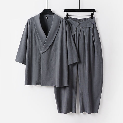 Damen Zweiteiliges Kimono-Loungewear-Set mit Schalkragen Kurzarm-Oberteil und hochtaillierter Plissee-Hose Nord Taschen