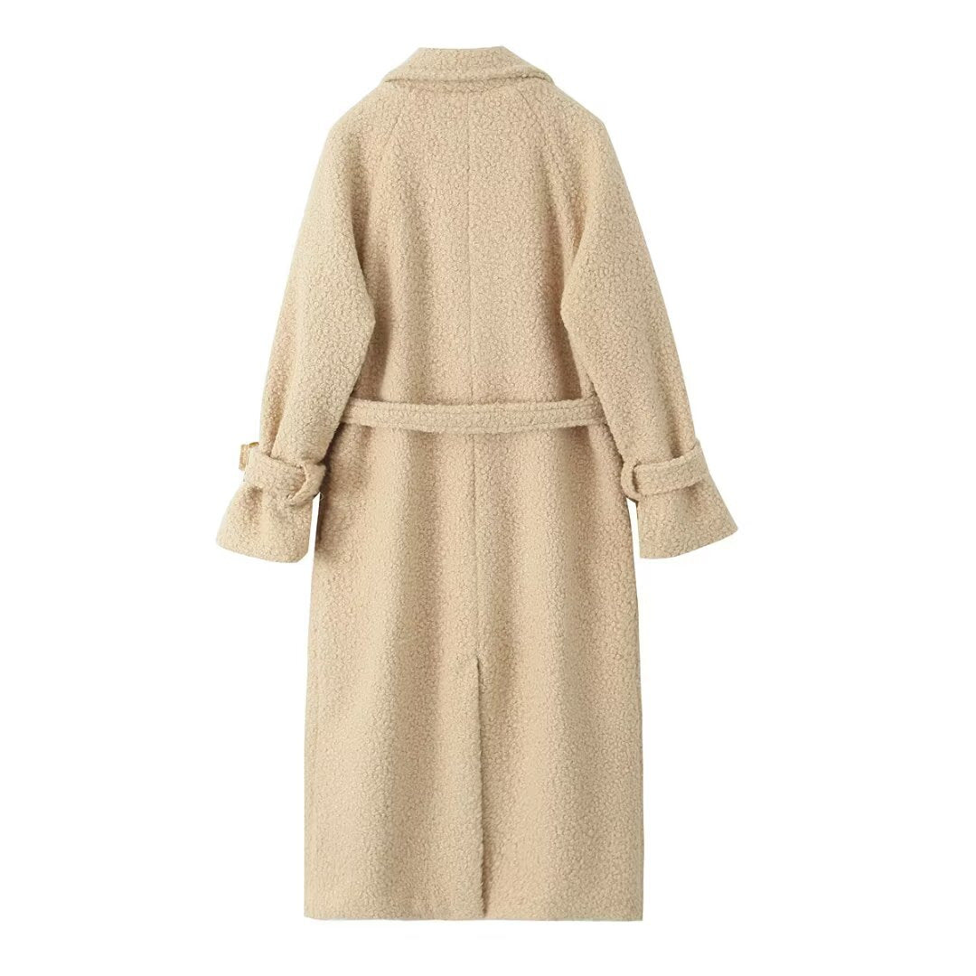 Damen Zweireihiger Teddy‑Mantel mit Bindegürtel und Schnallenärmeln Nord Taschen