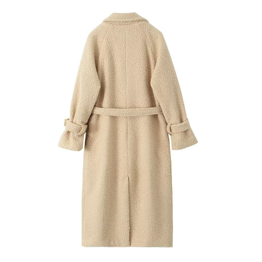 Damen Zweireihiger Teddy‑Mantel mit Bindegürtel und Schnallenärmeln Nord Taschen