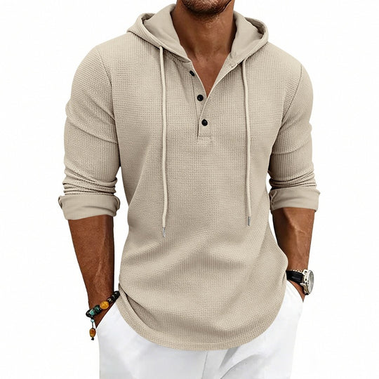 Herren Texturiertes Kapuzen-Langarmshirt mit Knopfleiste und Waffelstruktur Nord Taschen
