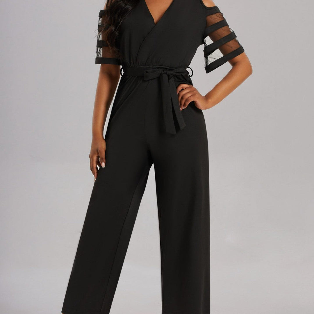 Damen Eleganter Jumpsuit mit transparenten Ärmel-Details und Taillengürtel