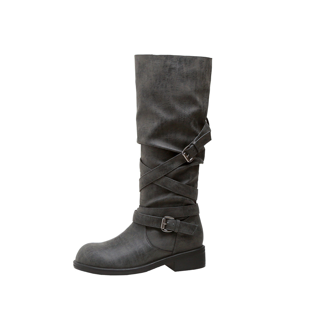 Damen Wadenhohe Bikerstiefel mit Wickelriemen und verstellbaren Schnallen Nord Taschen