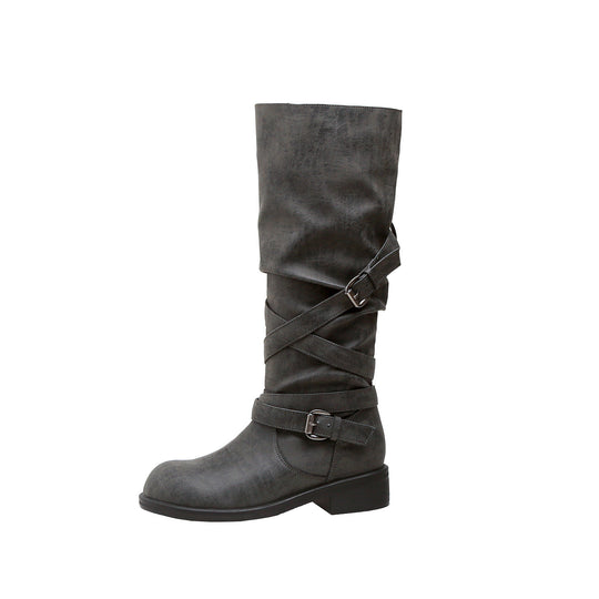 Damen Wadenhohe Bikerstiefel mit Wickelriemen und verstellbaren Schnallen Nord Taschen