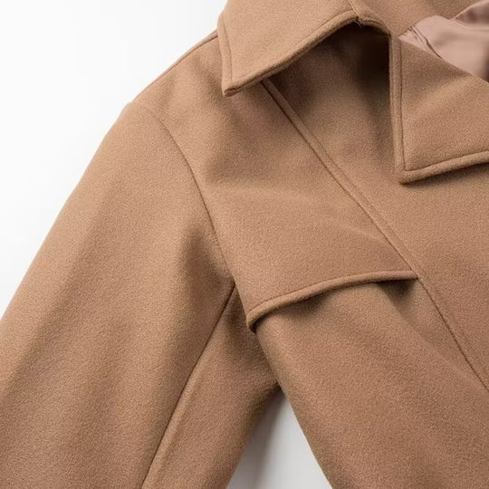 Damen Maxilanger zweireihiger Trenchcoat aus Wollmix mit Bindegürtel und Schulterklappe Nord Taschen