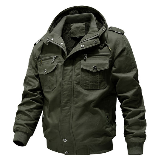 Herren Wasserabweisender Canvas-Bomber mit wärmender Sherpa-Innenlage, Kapuze und Utility-Taschen Nord Taschen