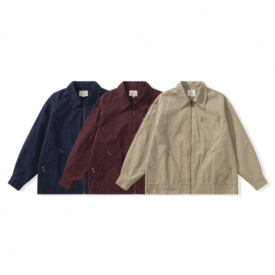Unisex Kastenförmige Canvas-Worker-Jacke mit Frontreißverschluss und Nietapplikationen Nord Taschen