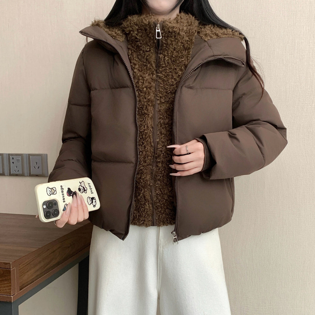 Damen nan kurze wattierte Doppeljacke mit abnehmbarem Teddy-Innenfutter und hohem Stehkragen Nord Taschen