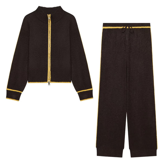 Damen Strick-Set mit Reißverschlussjacke, Stehkragen und weitem Relax-Hosenbein Nord Taschen