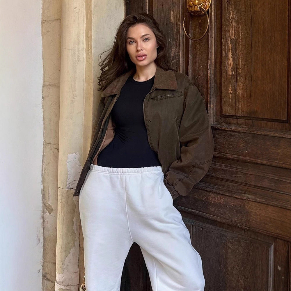 Damen Kurze Stepp-Blousonjacke im Leopardenmuster mit Cordkragen Nord Taschen